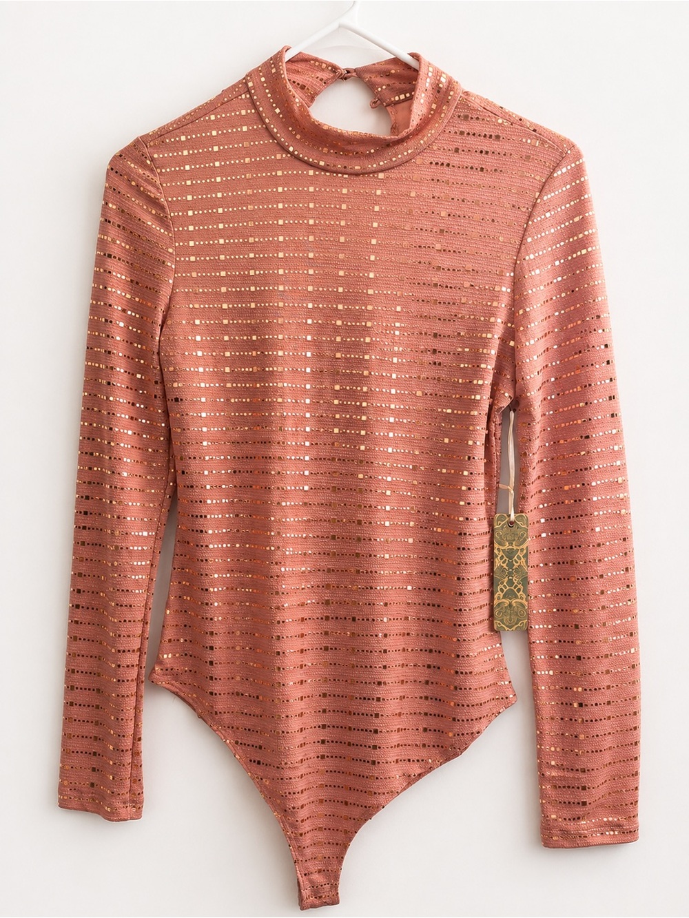 NWT Women's Metallic Stripe High-Neck Bodysuit - Rust Pink